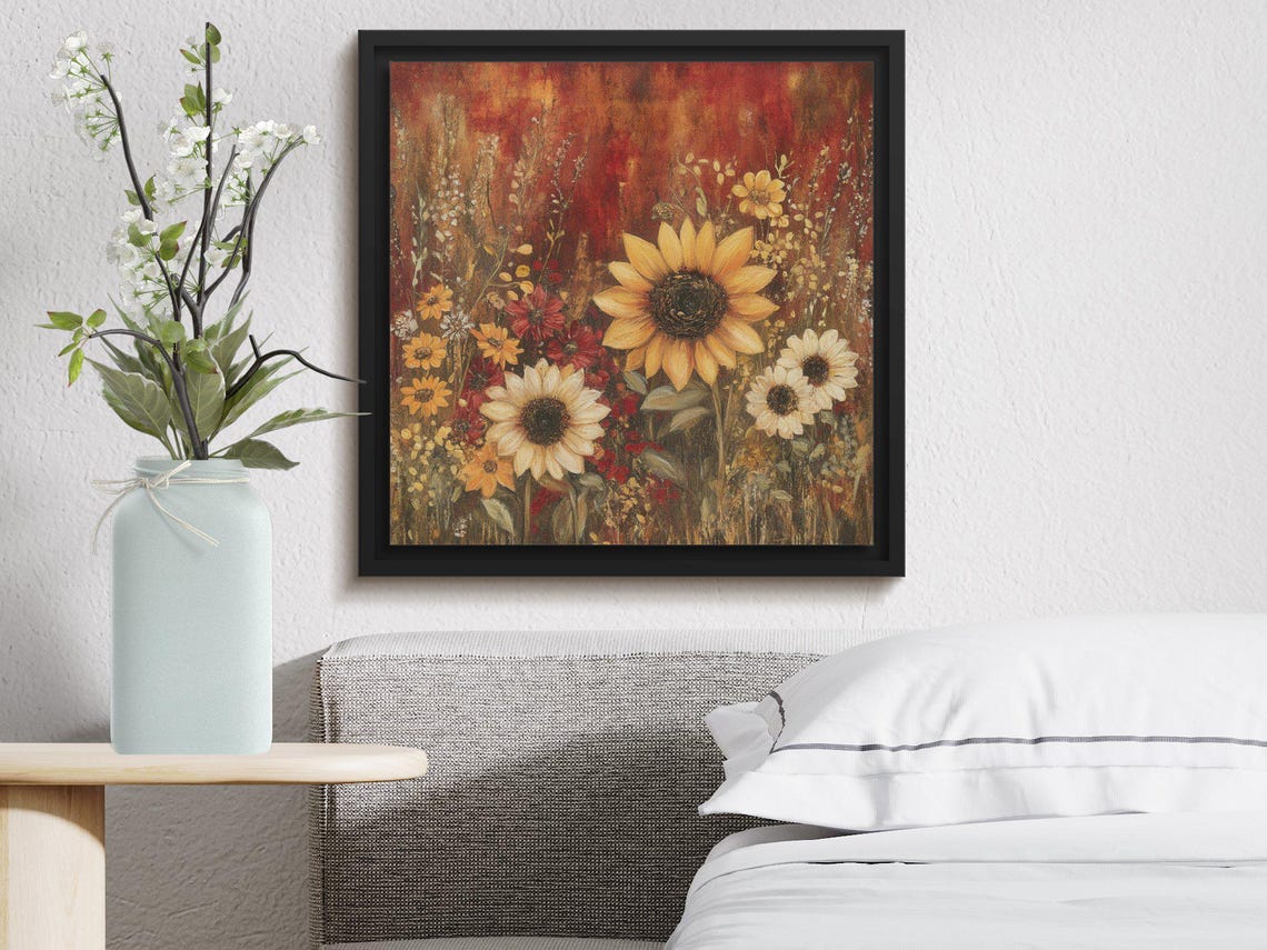 Sunflowers and Wildflowers on a Warm Rustic Red Canvas Poster - Image 4