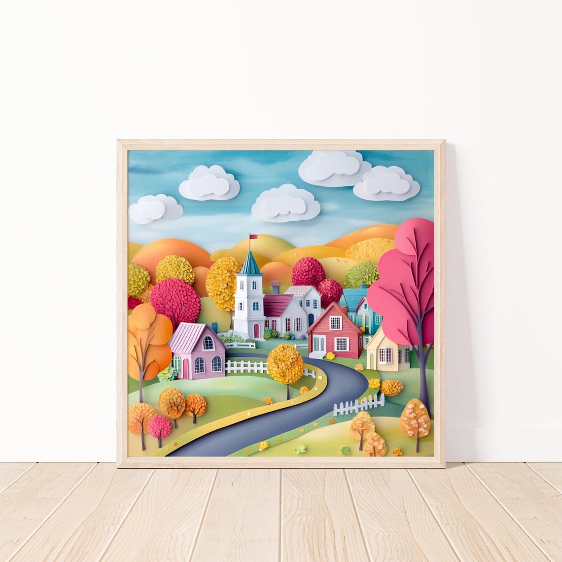 Paper Cut Autumn Village With White Church and Fall Trees Poster
