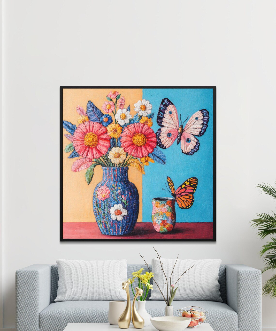 Colorful Floral Bouquet In Vase With Butterflies Painting Poster - Image 3