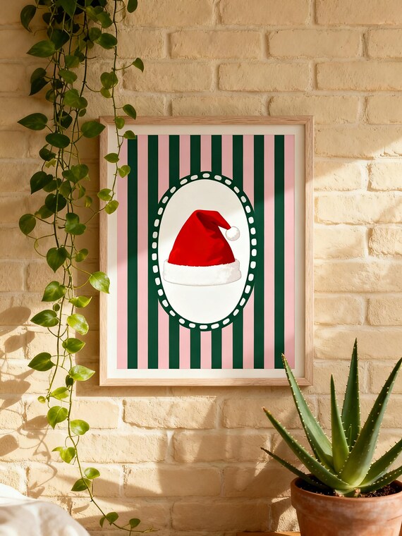 Santa Hat Christmas Wall Art Print Festive Holiday Poster Pink Green Retro Decor Modern Gift