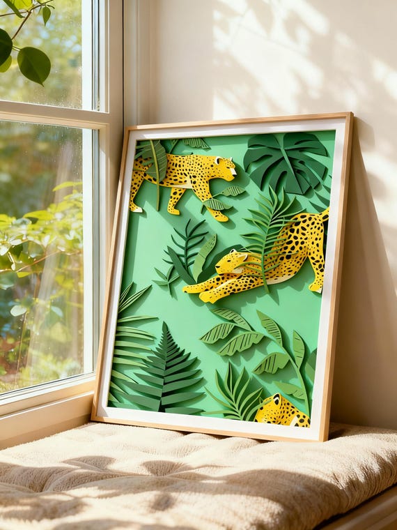 Leopard Jungle Wall Art Print Tropical Safari Decor Modern Green Botanical Poster For Nature Lovers