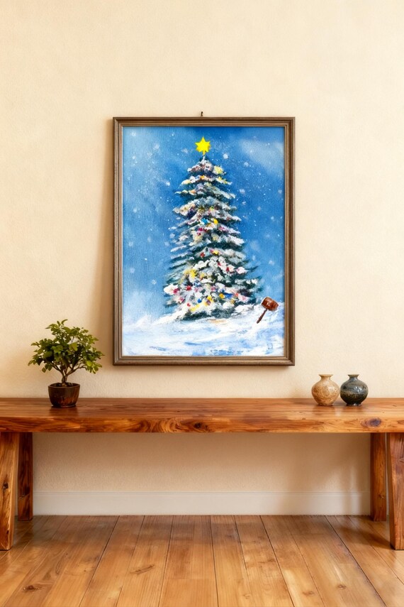 Snowy Christmas Tree With Colorful Ornaments Star Watercolor Winter Night Poster