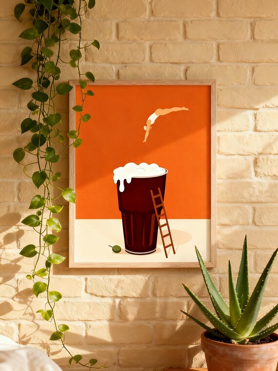 Diver Diving Into Beer Glass Retro Orange Illustration Poster