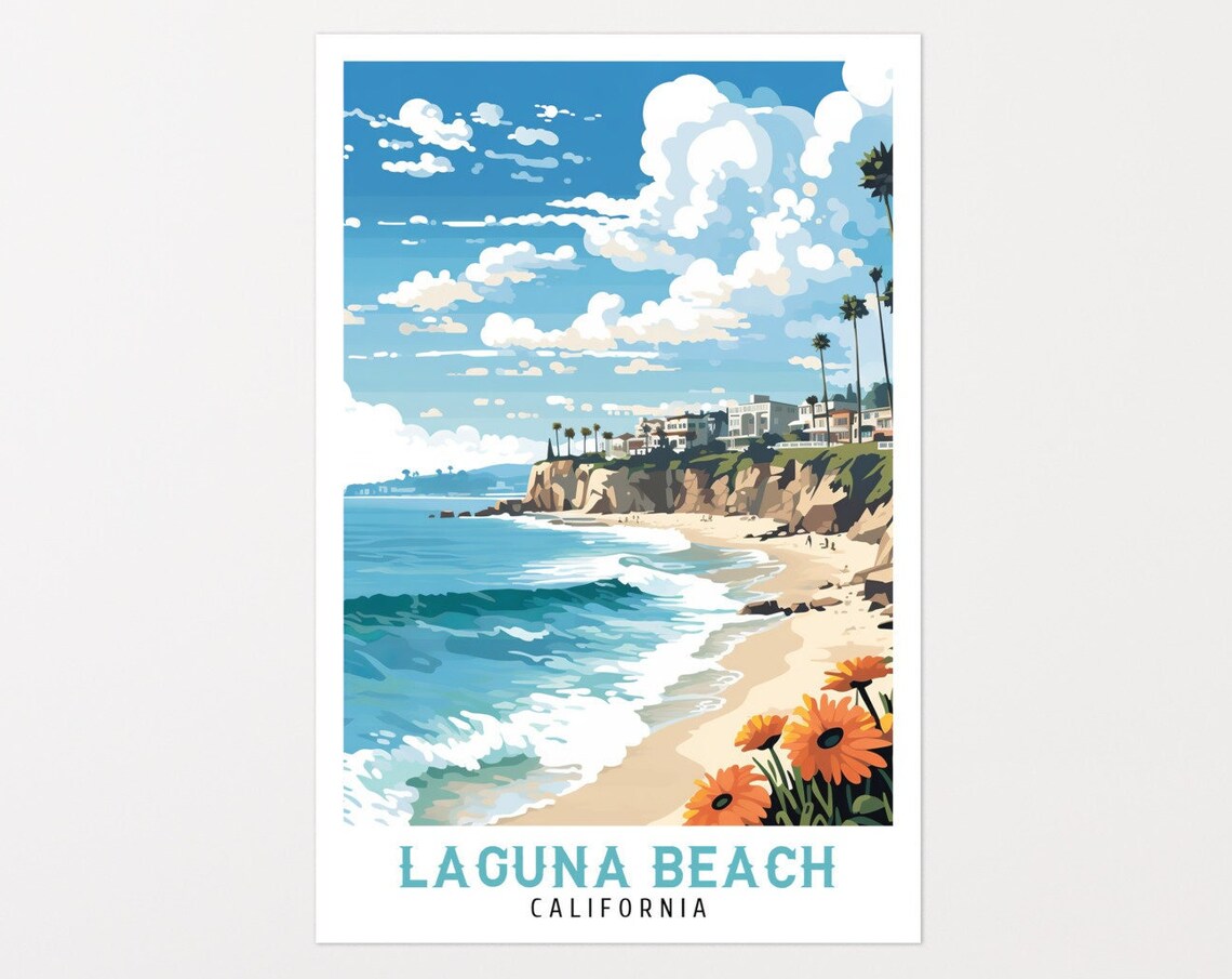Laguna Beach California Ocean Waves Orange Flowers Cliff Travel Poster
