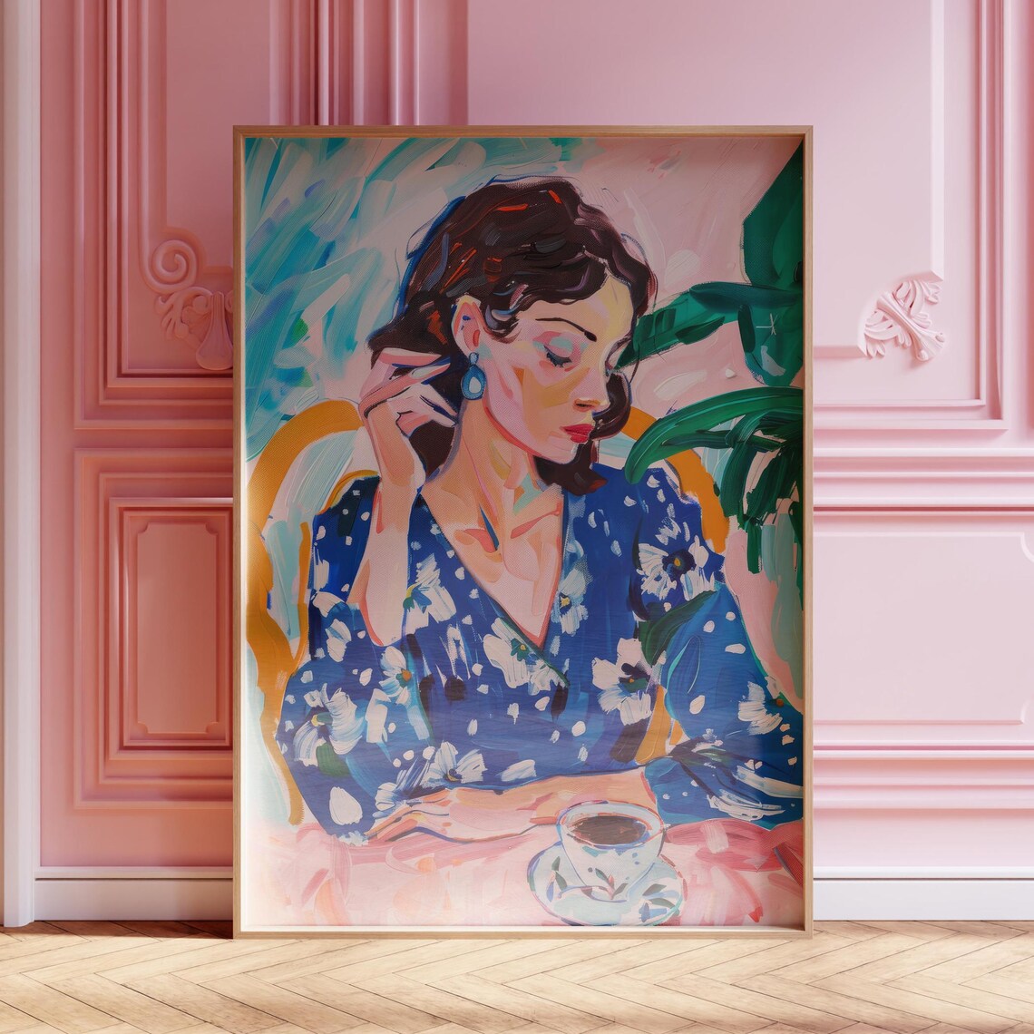 Woman in Blue Floral Dress Coffee Modern Painted Portrait Wall Art