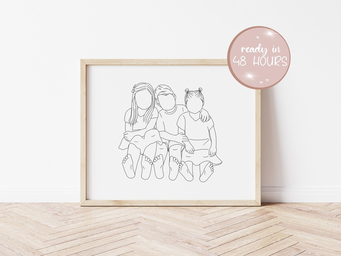 Three Children Sitting Barefoot Line Art Siblings Portrait Poster