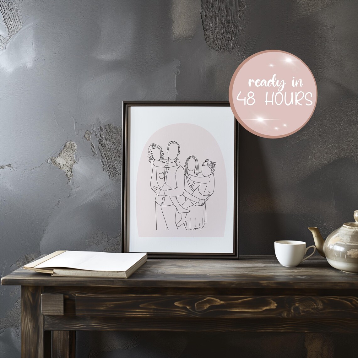Parents Holding Two Children Faceless Line Art Family Portrait Poster