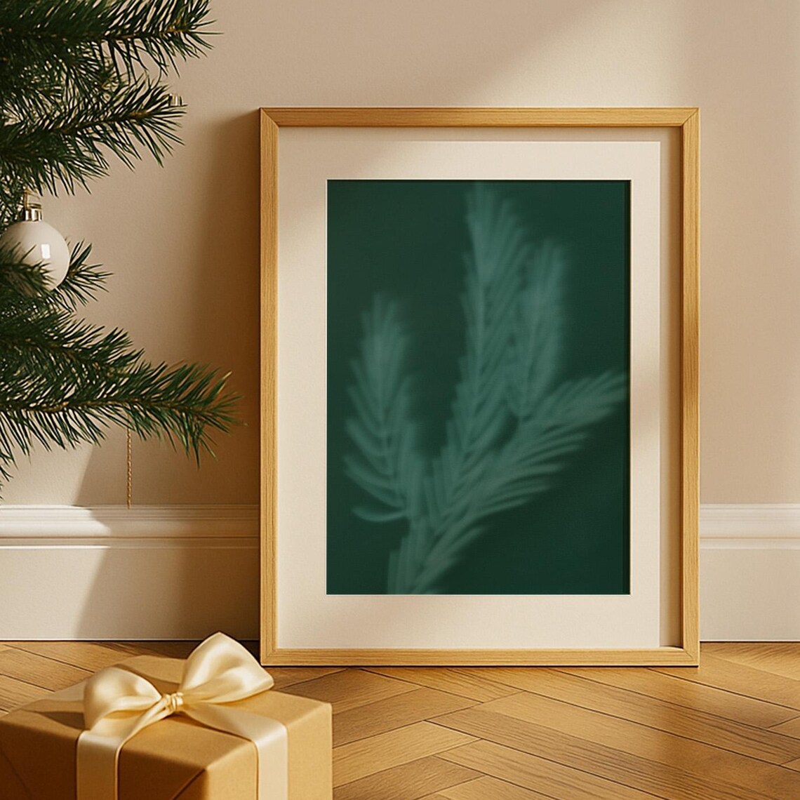 Christmas Evergreen Shadow Print Dark Green Minimalist Holiday Wall Art Winter Botanical Poster