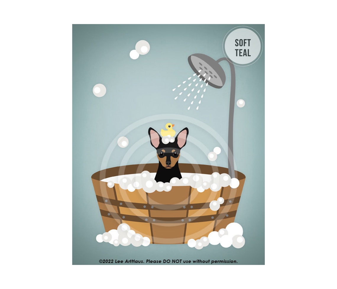 Miniature Pinscher In Wooden Tub Shower With Rubber Duck Bath Poster - Image 4