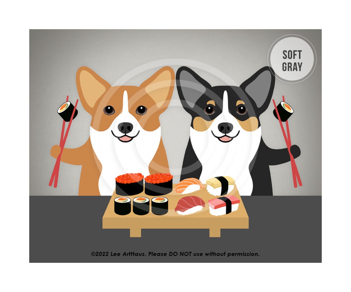 468dp Corgi Gifts Two Corgi Dogs Eating Sushi Wall Art Print Sushi Print Modern Dog Art Foodie Gift Sushi Drawing Dog Decor - Image 3