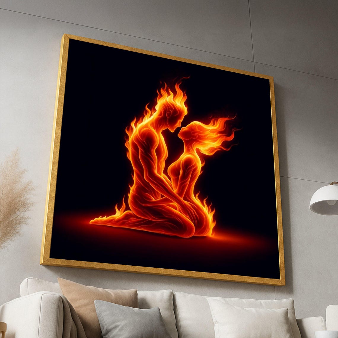 Fiery Flame Lovers Embrace Passionate Fire Couple Romantic Wall Art