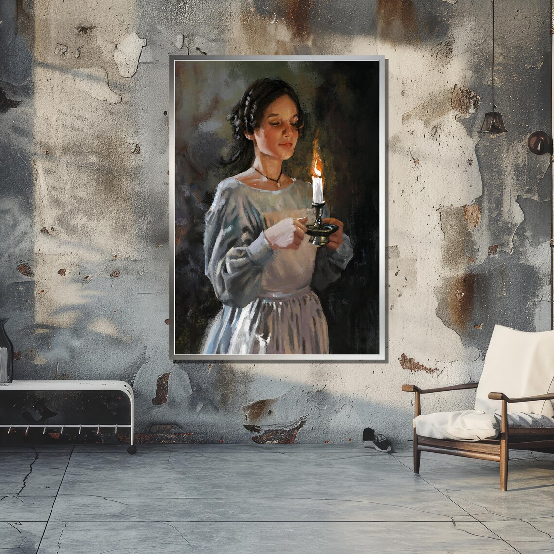 Young Woman Holding Candle, Realistic Impressionist Art - Image 5