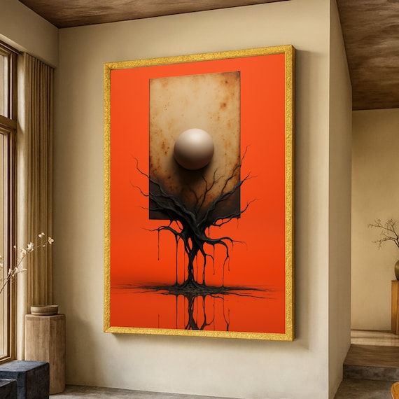 Surreal Black Tree Glowing Orb Red Background Modern Abstract Poster