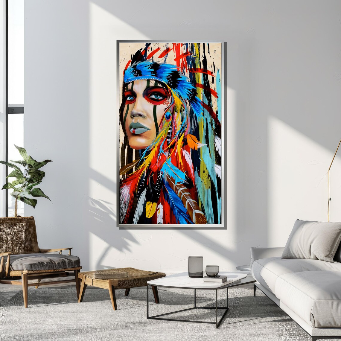 Bold Tribal Woman With Feather Headdress, Modern Art - Image 4