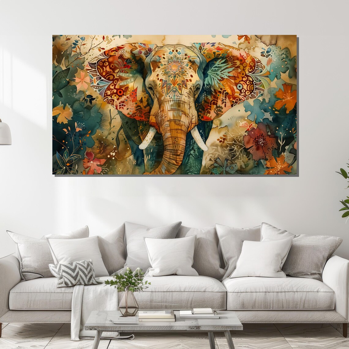 Watercolor Elephant With Floral Patterns, Wildlife Art - Image 2