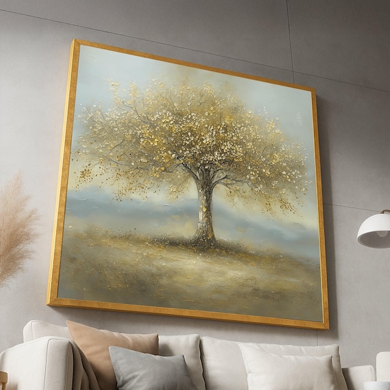 Golden Autumn Tree Canvas Nature Wall Art Elegant Painting Neutral Tones Home Decor Ready To Hang