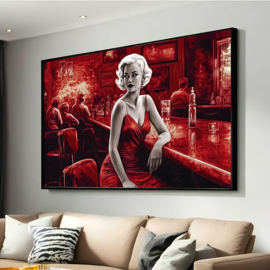 Glamorous Film Noir Woman in Red Dress Retro Bar Scene Wall Art