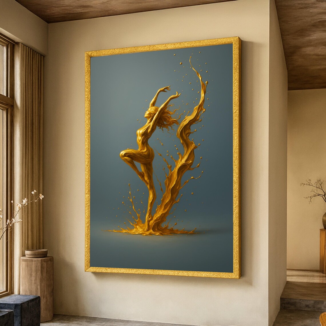 Golden Fluid Dance Abstract Woman Art Print