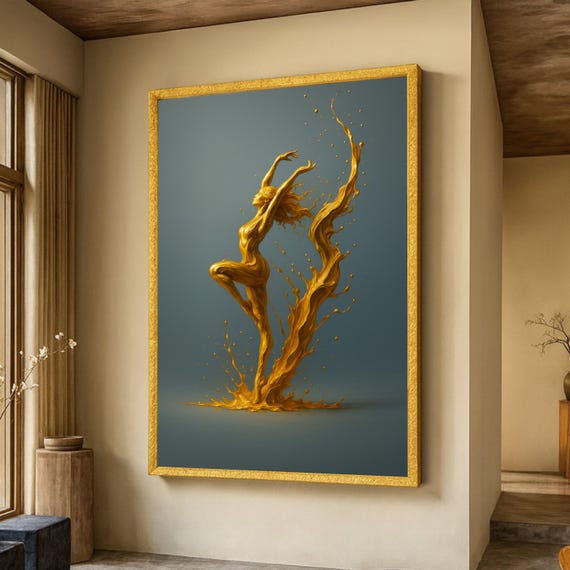 Golden Fluid Dance Abstract Woman Art Print