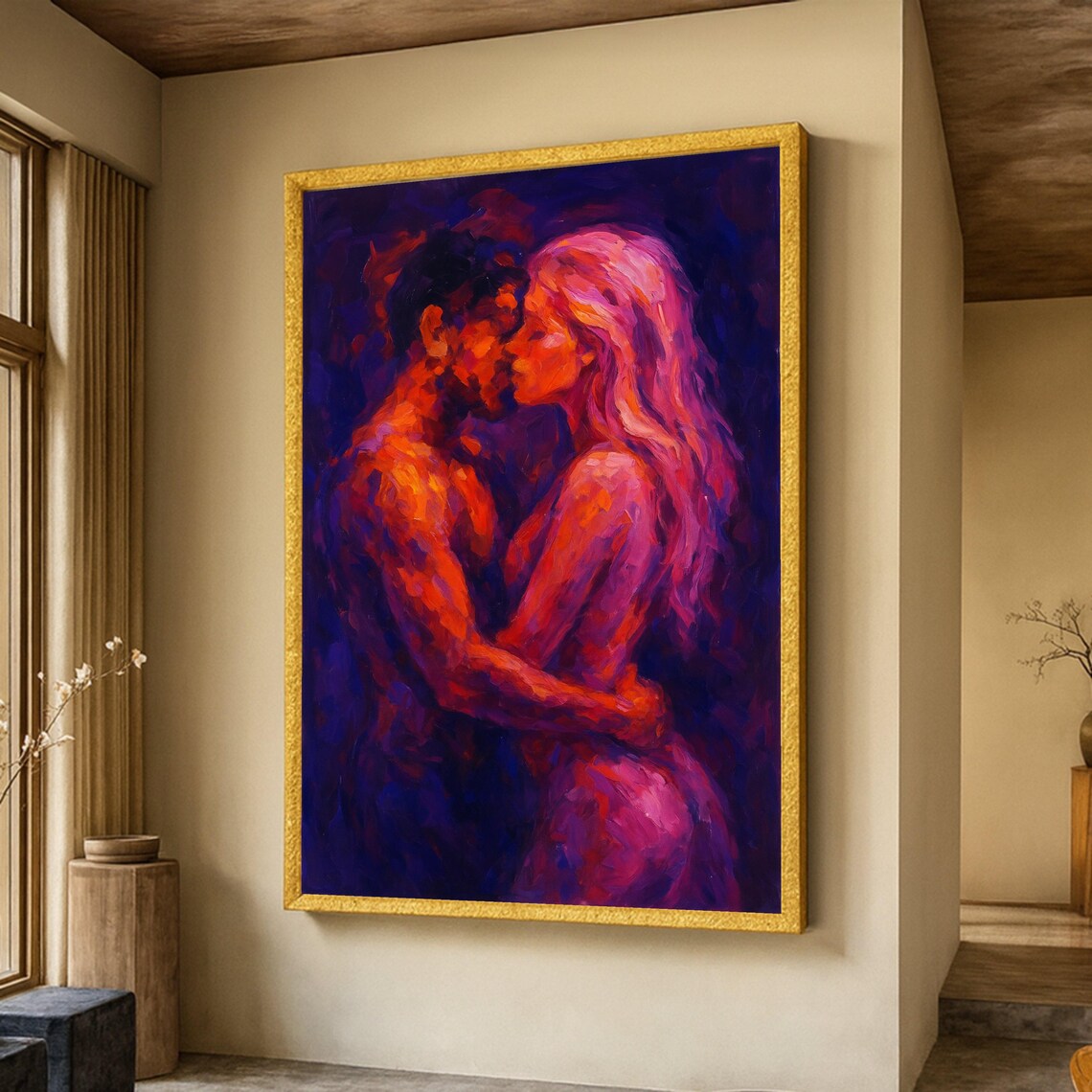 Passionate Embrace Couple Vibrant Romantic Love Painting Poster