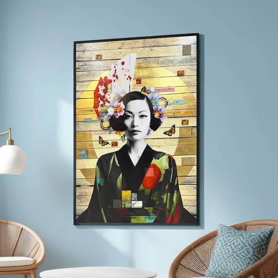 Modern Japanese Woman In Black White With Vibrant Flowers And Geometric Patterns Abstract Wall Art For Zen Boho Or Contemporary Decor
