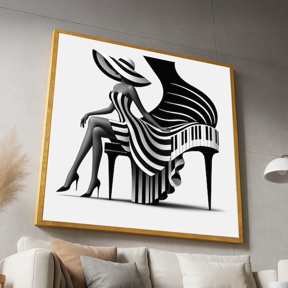 Elegant Lady in Stripes Playing Grand Piano Art Deco Style Poster