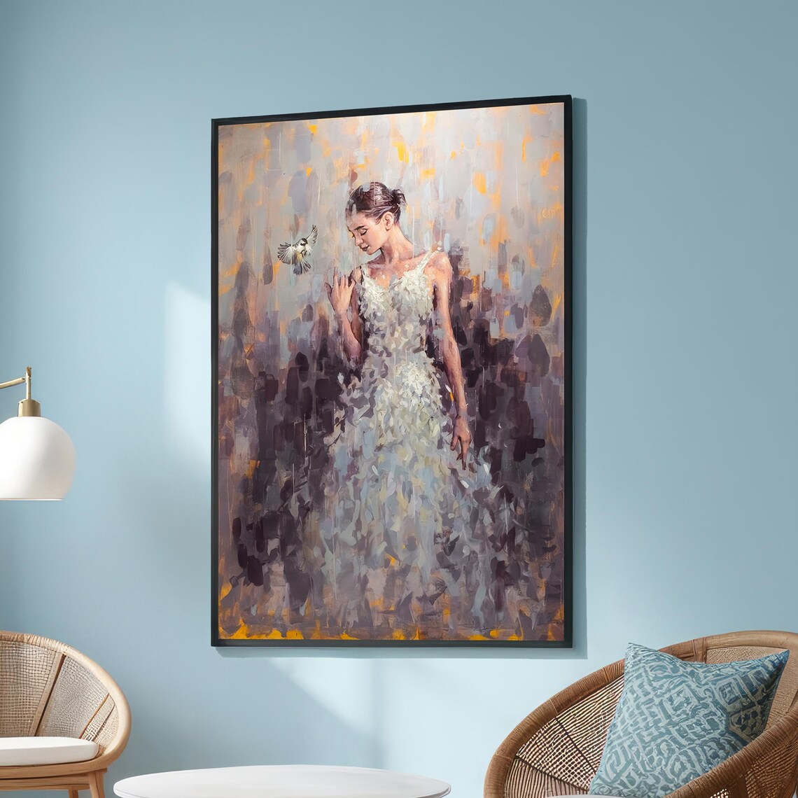 Serene Woman With Bird Impressionist Painting White Gown Canvas Poster