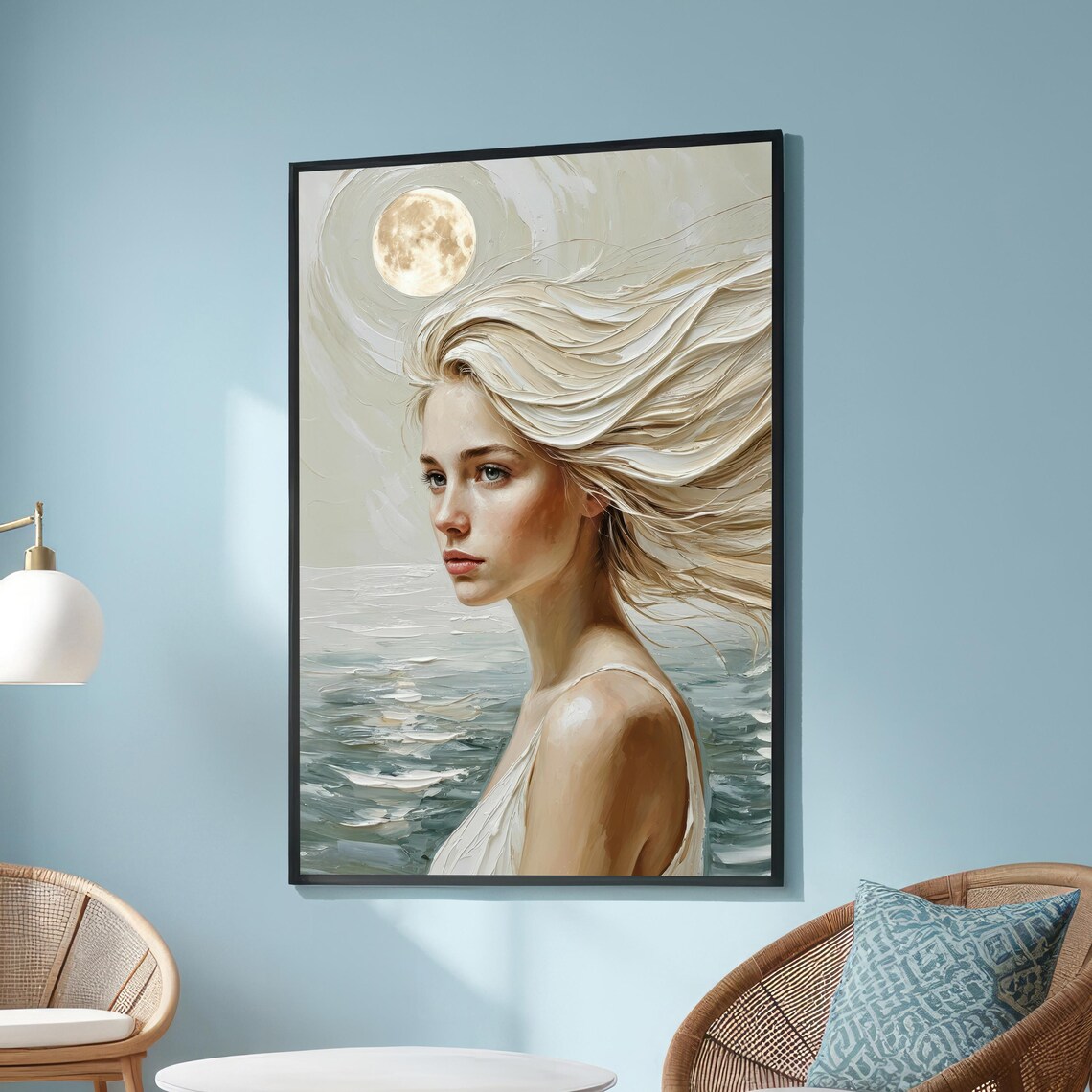 Moonlight Ocean Woman Dreamy Seaside Portrait Romantic Gold Wall Art
