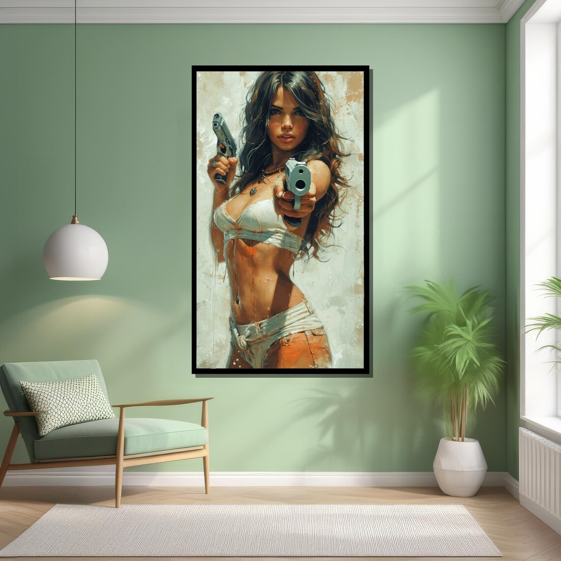Fierce Woman With Dual Guns, Bold Dynamic Art