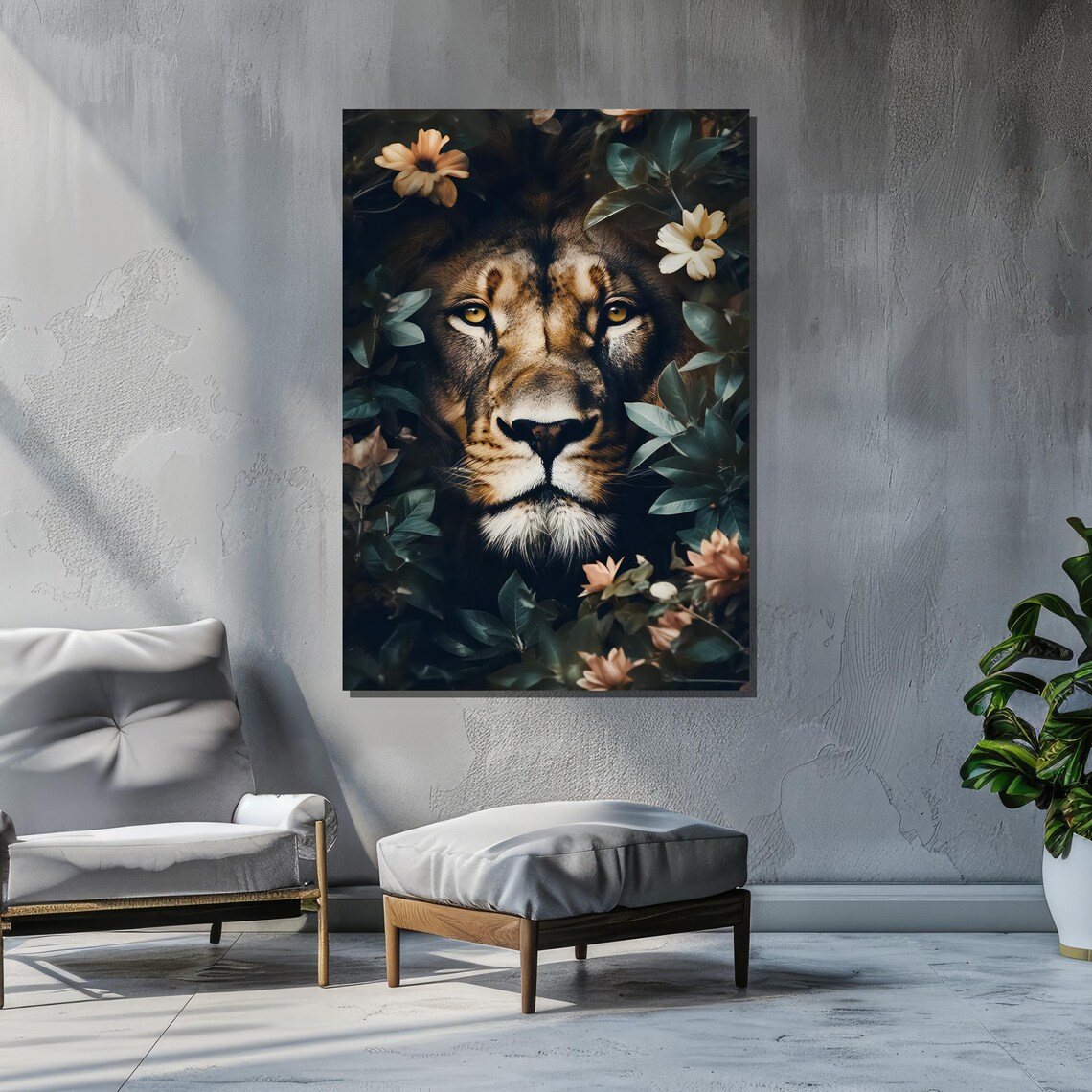 Majestic Lion Face With Floral Foliage, Nature Inspired Art - Image 2