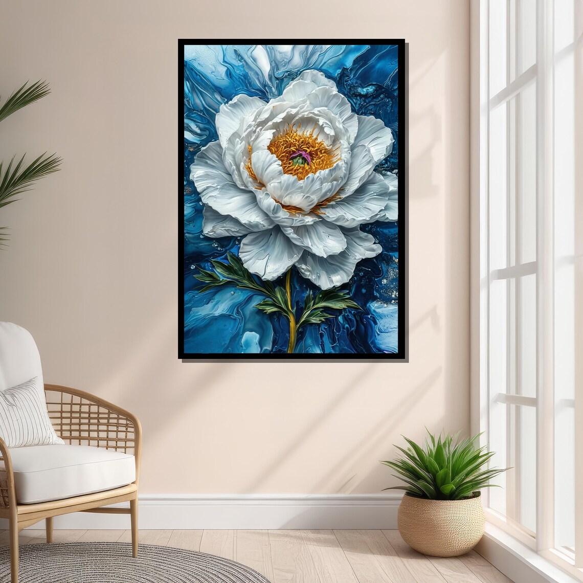 White Peony Print, Modern Botanical Wall Decor - Image 4