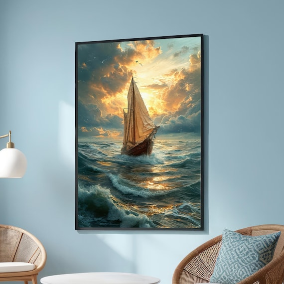 Golden Sunset Sailboat Nautical Ocean Canvas Moody Seascape Wall Art