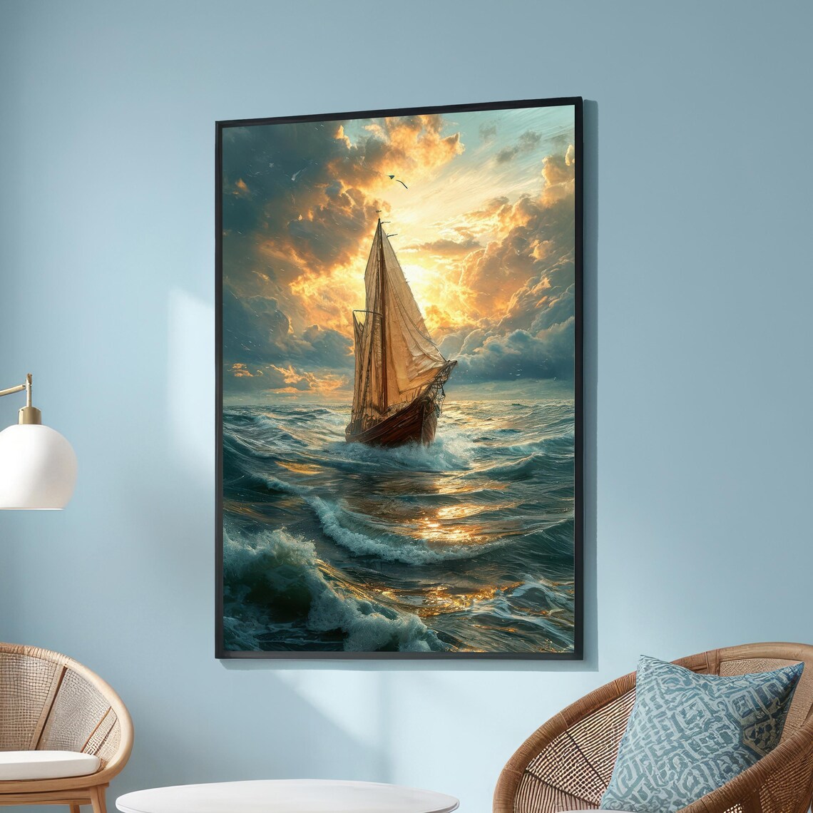 Golden Sunset Sailboat Nautical Ocean Canvas Moody Seascape Wall Art