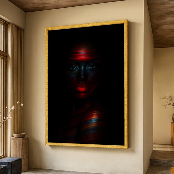 Mystical Woman Portrait Canvas Abstract Light Painting Wall Art Colorful Face Closeup Dark Background Home Decoration