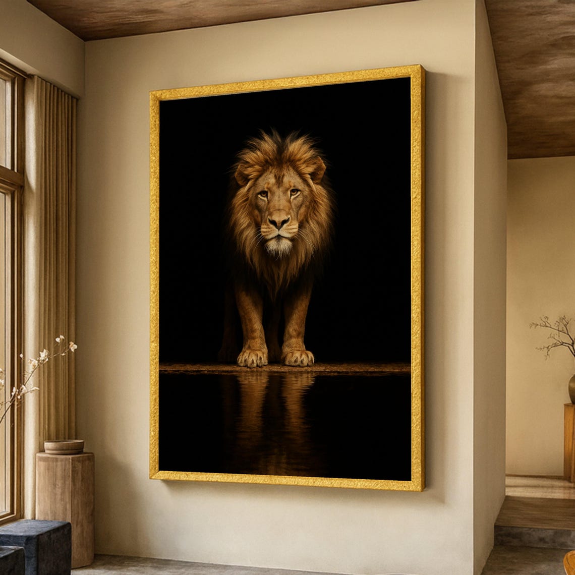 Majestic Lion Standing At Water Reflection Dramatic Wildlife Poster