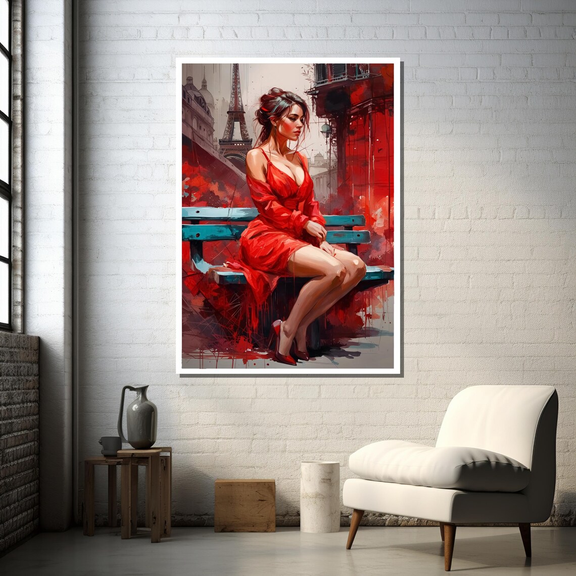 Romantic Woman In Red Dress, Parisian Art - Image 3