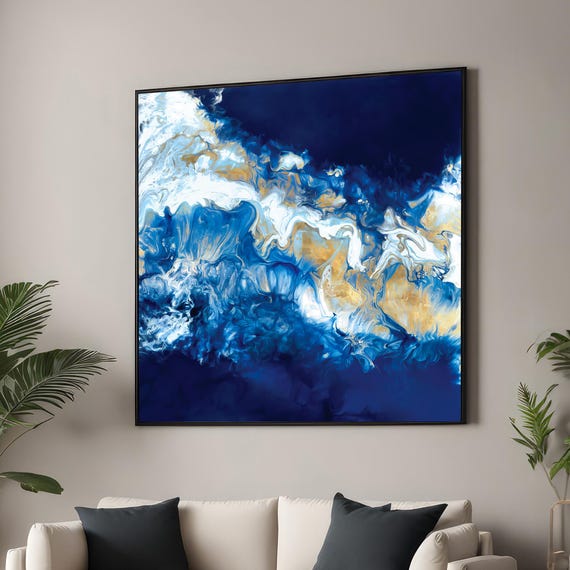 Abstract Ocean Waves In Blue White And Gold Fluid Motion Art Large Canvas Wall For Modern Luxurious Home Decor