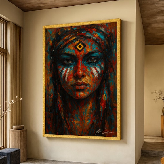 Tribal Face Paint Woman Bold Abstract Portrait Painting Wall Art