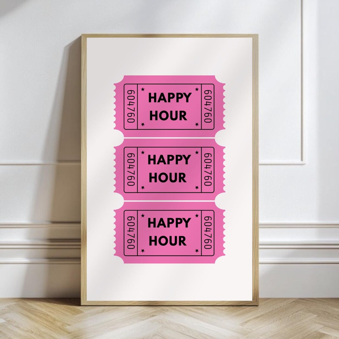 Pink Happy Hour Tickets Retro Cocktail Bar Sign Typography Print