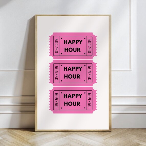 Pink Happy Hour Tickets Retro Cocktail Bar Sign Typography Print