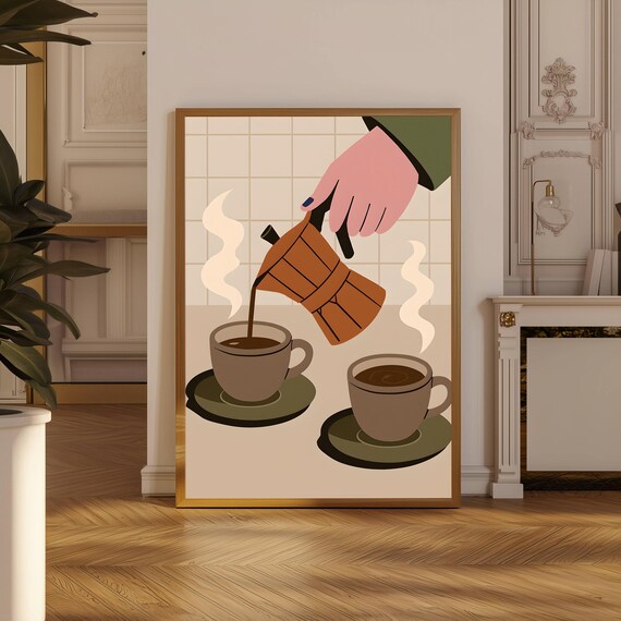 Moka Pot Coffee Pour Retro Illustration Kitchen Bar Wall Print