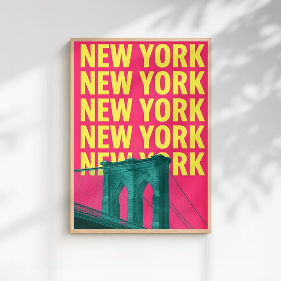 Brooklyn Bridge New York Pop Art Magenta Yellow Travel Poster
