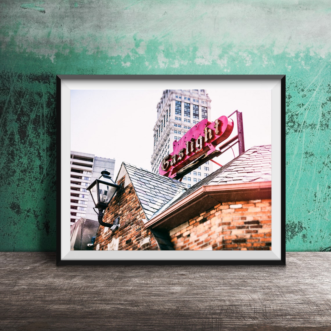 Gaslight Red Neon Rooftop Sign Brick Building Photography Poster