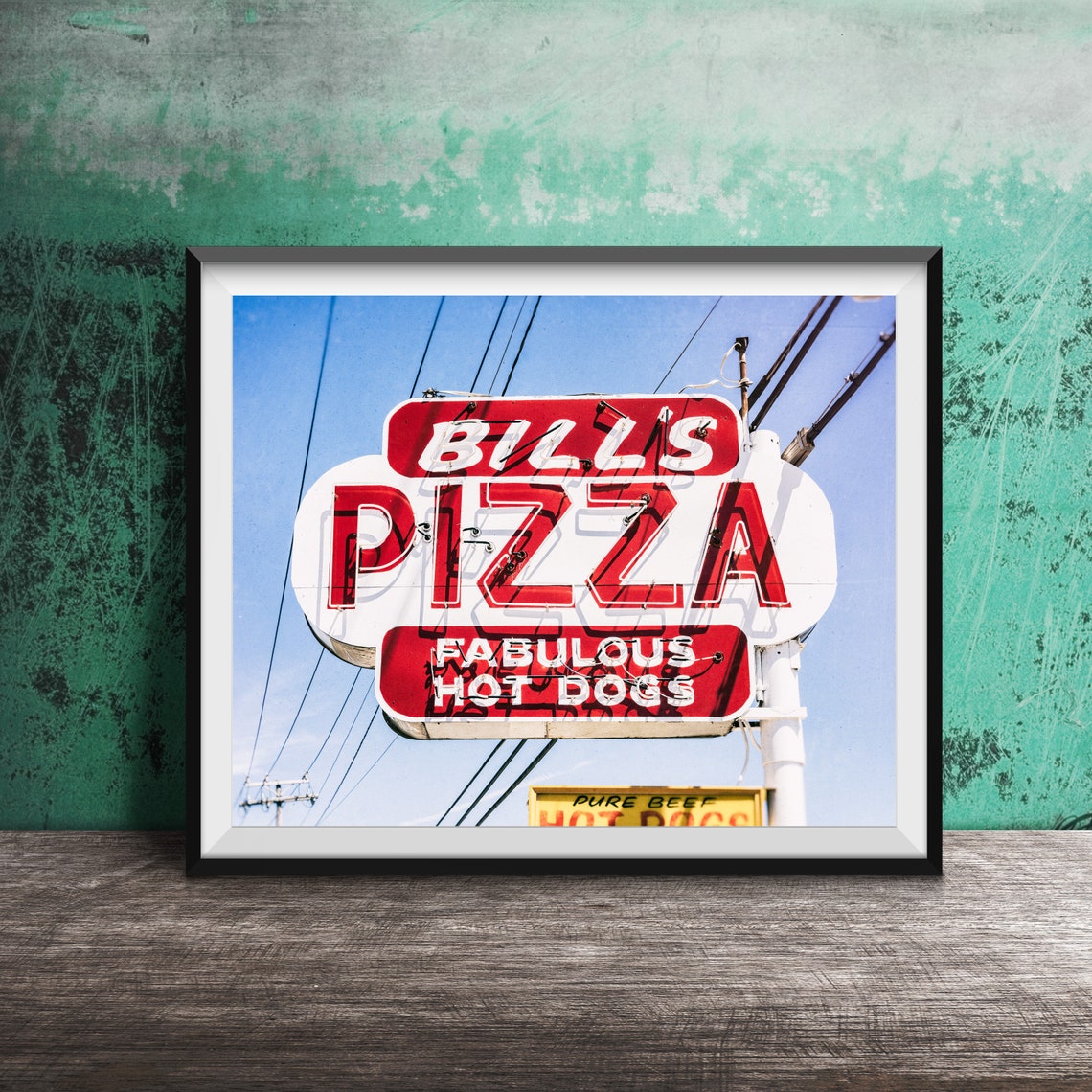 Bill's Pizza Fabulous Hot Dogs Red And White Neon Sign Poster
