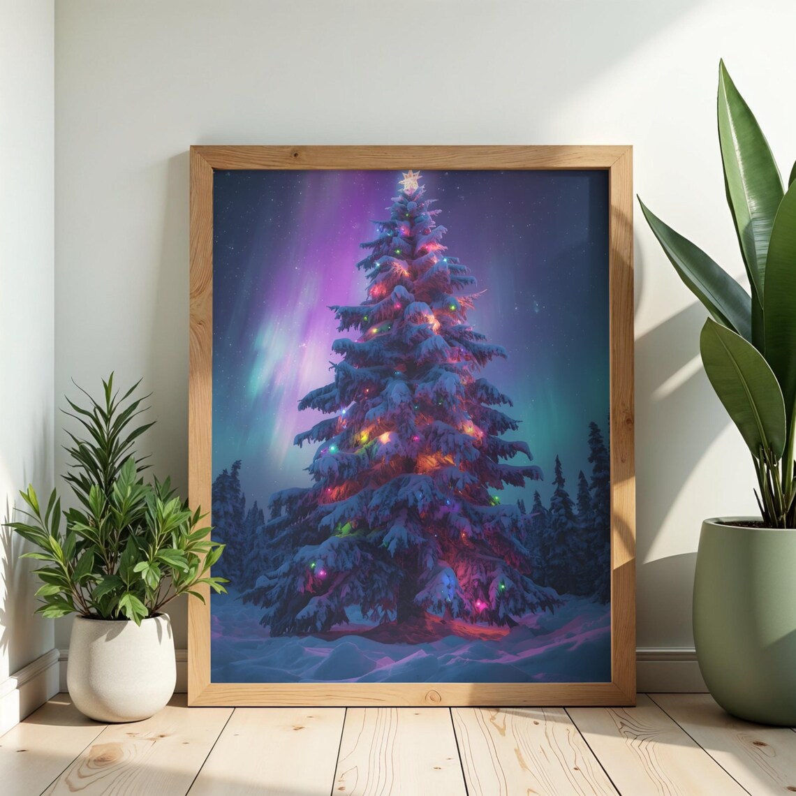 Northern Lights Christmas Tree Snowy Forest Magical Holiday Poster