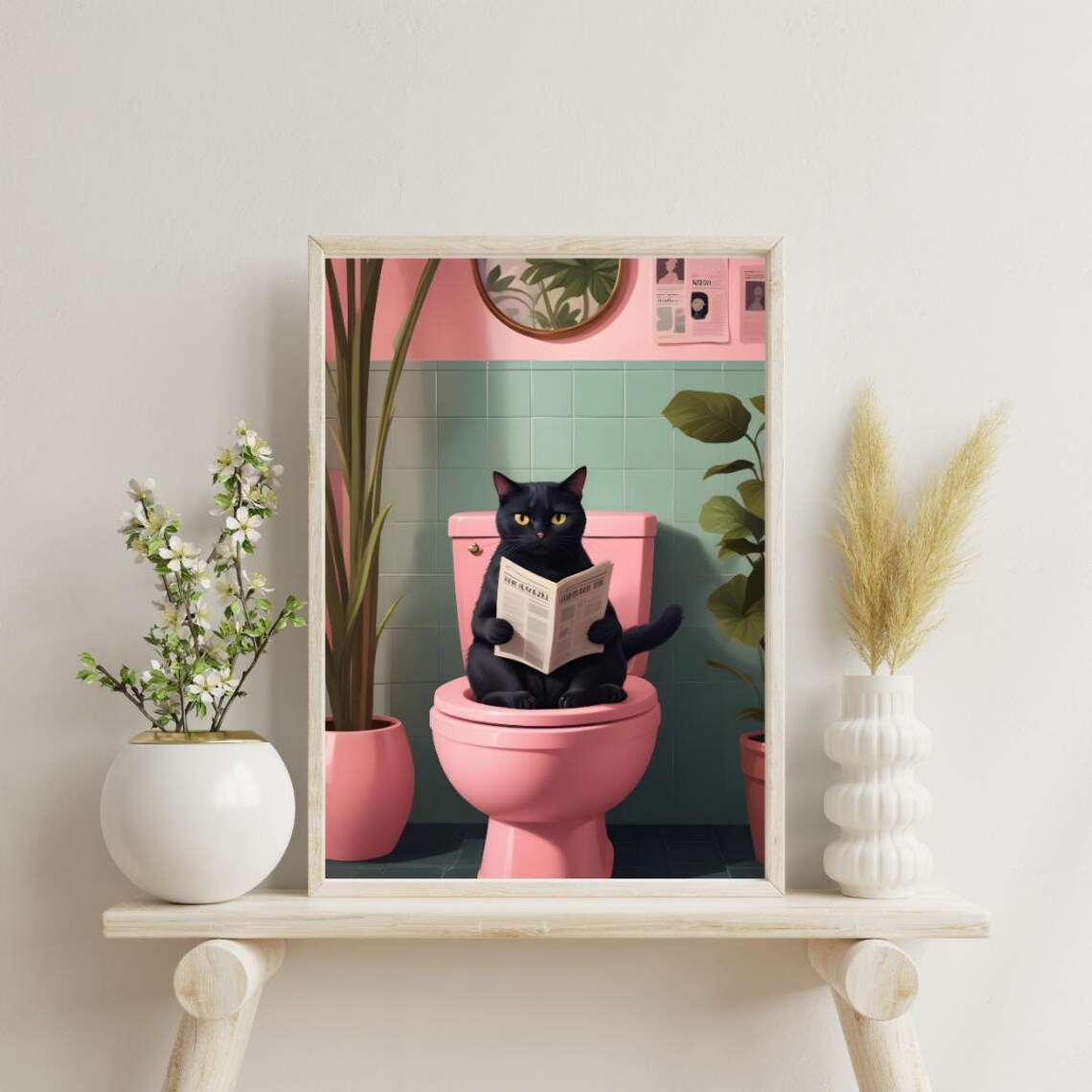Black Cat Reading Paper on Pink Toilet Bathroom Funny Poster - Image 5