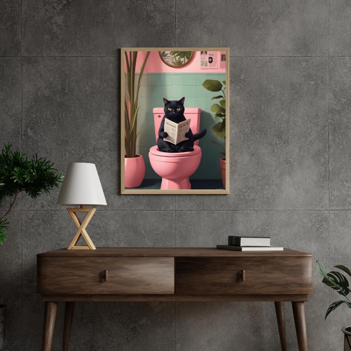 Black Cat Reading Paper on Pink Toilet Bathroom Funny Poster - Image 3