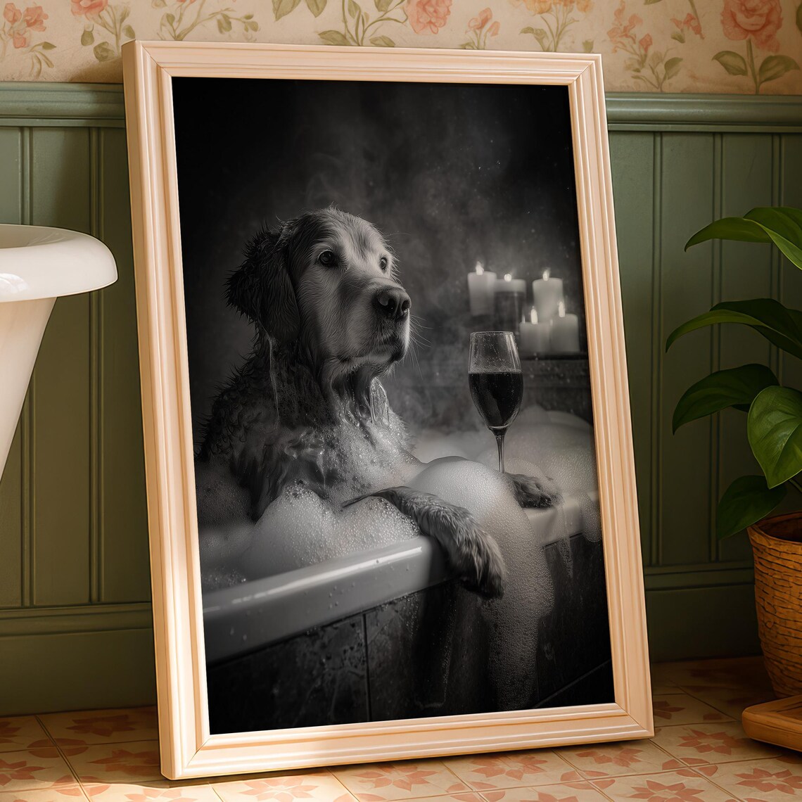 Golden Retriever Bubble Bath Wine Glass Bathroom Humor Poster