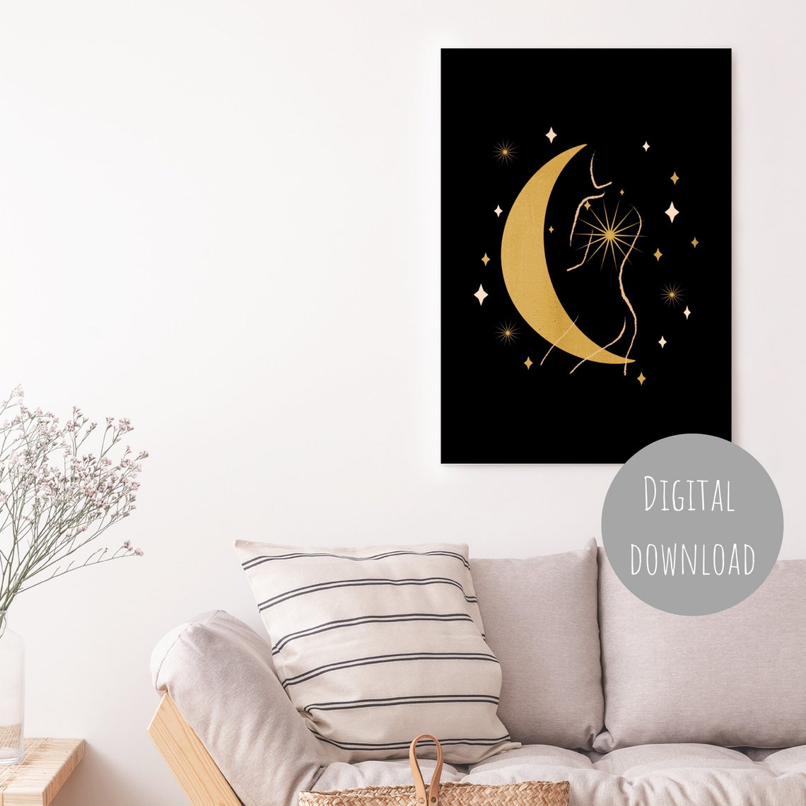 Gold Crescent Moon Goddess Line Art Celestial Starry Night Sky Poster - Image 2