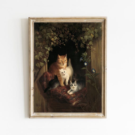 Vintage Cat Painting Cats Portrait Moody Farmhouse Decor Animal Wall Art Cat Lover Gifts Kittens Print Art